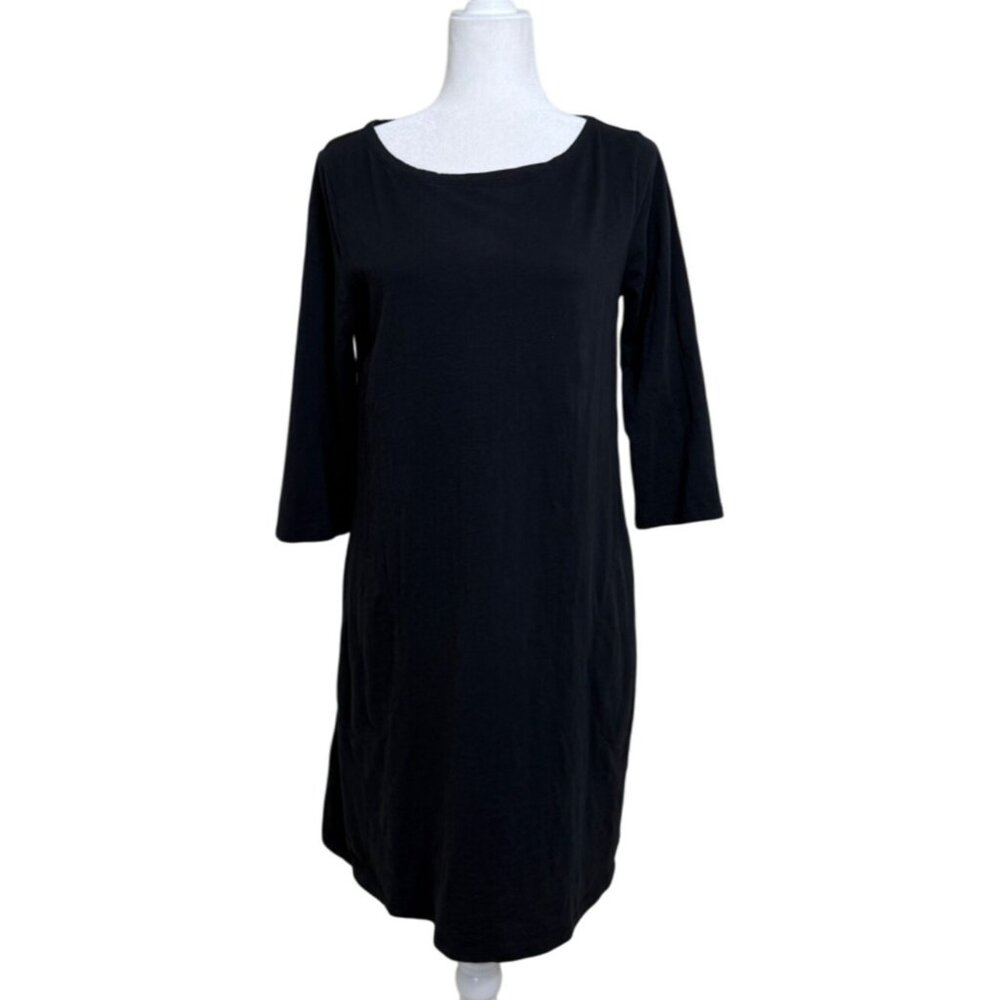 Garnet Hill Womens Midi Dress 3/4 Sleeve Black Cotton Minimalist Size 8 - Picture 1 of 8
